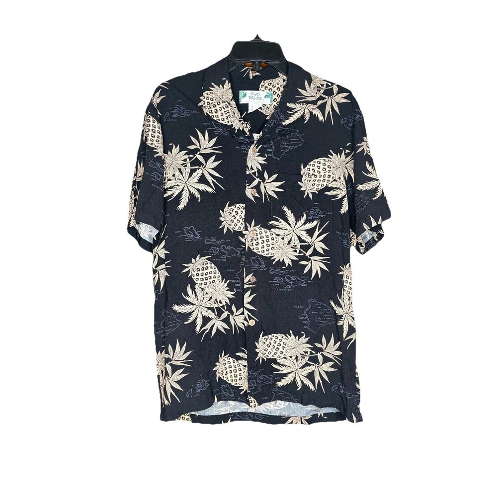 Two Palms Shirt Mens S Black Hawaiian Pineapple Print Short Sleeve Button